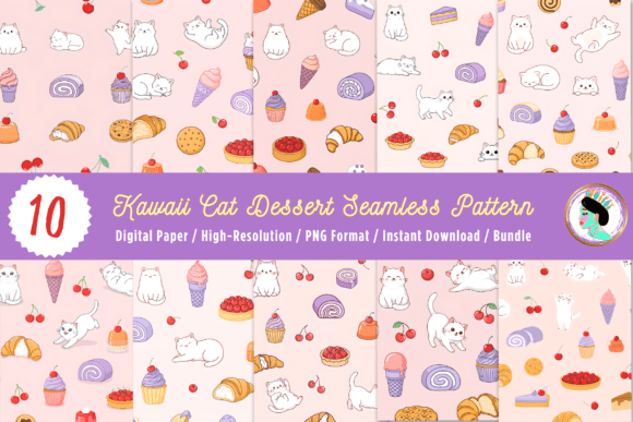 Download Cute Cat Dessert Seamless Pattern Bundle - Dessert Collection